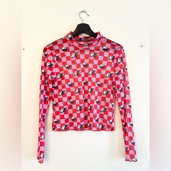 Dressed in Lala Long Sleeve Mesh Top Cosmic Cowgirl pink red checker yin yang M - Picture 4 of 10